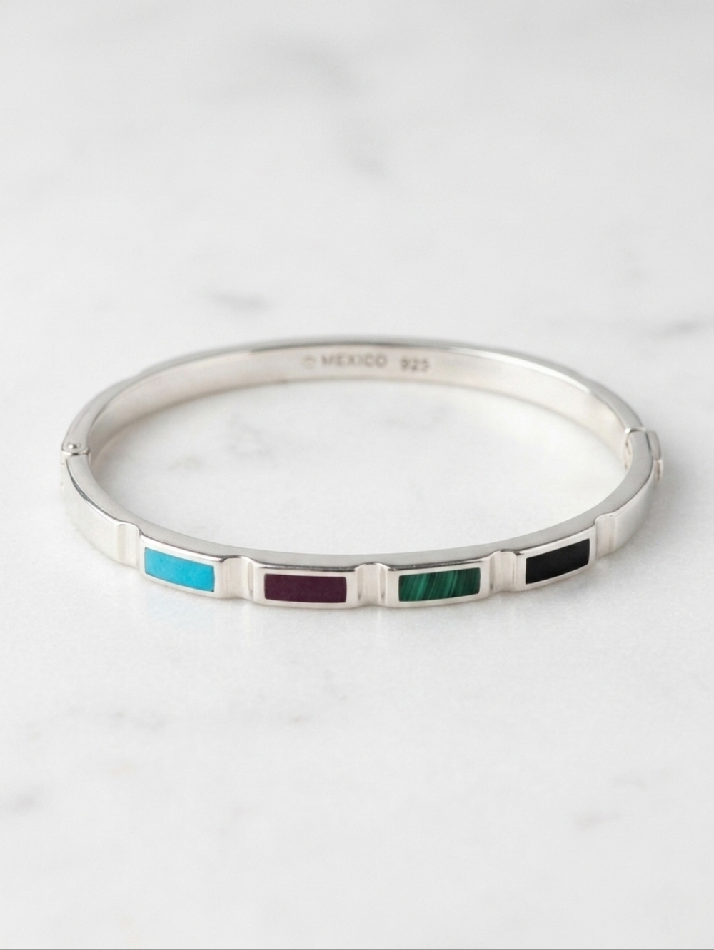 Vintage Mexican Sterling Silver Slim Hinged Mosaic Inlay Bracelet